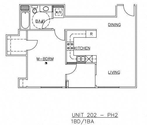 Floor plan for 1 bed, 1 bath, 640 sqft